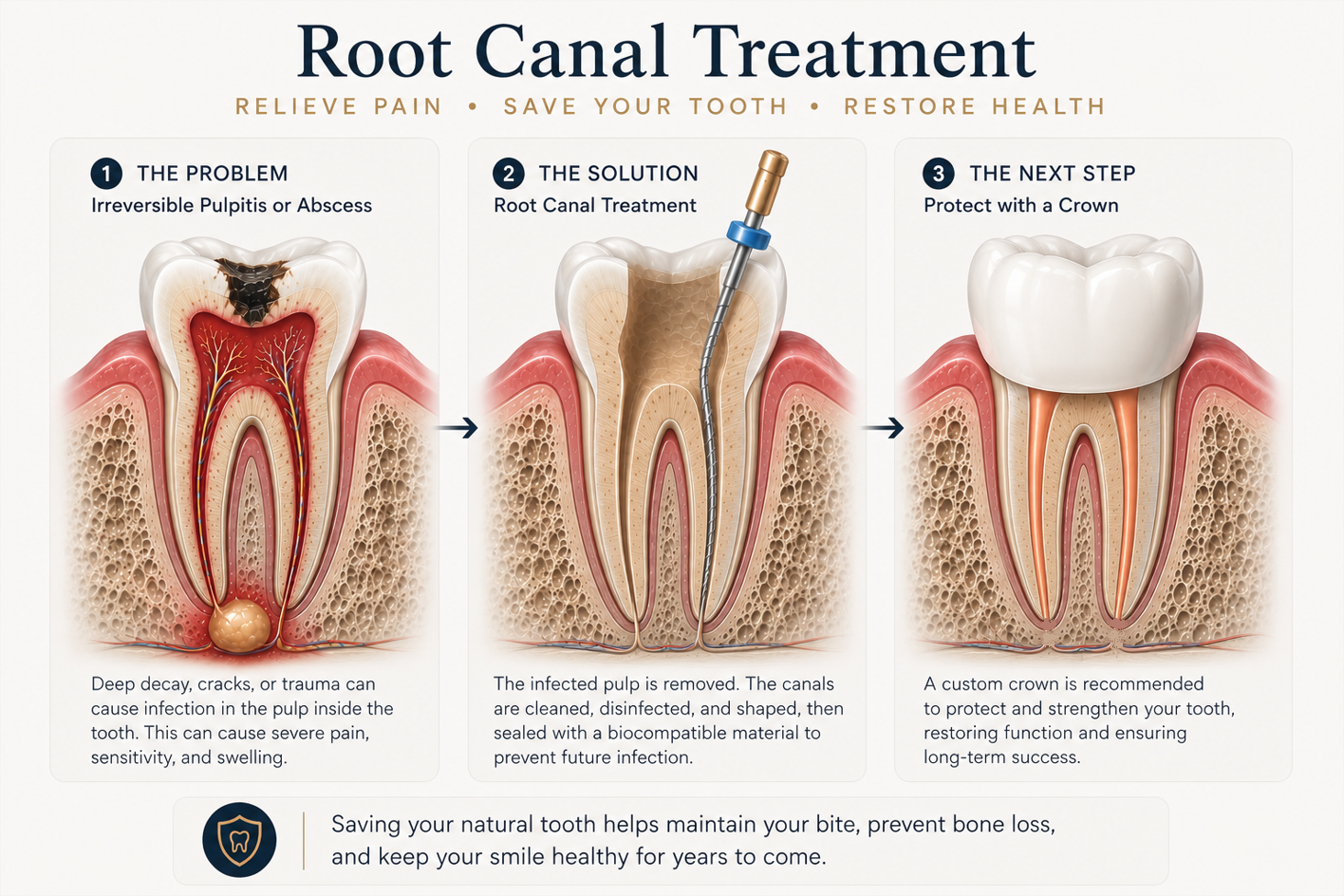 Root canal treatment infographic explaining infection, canal cleaning, and crown protection